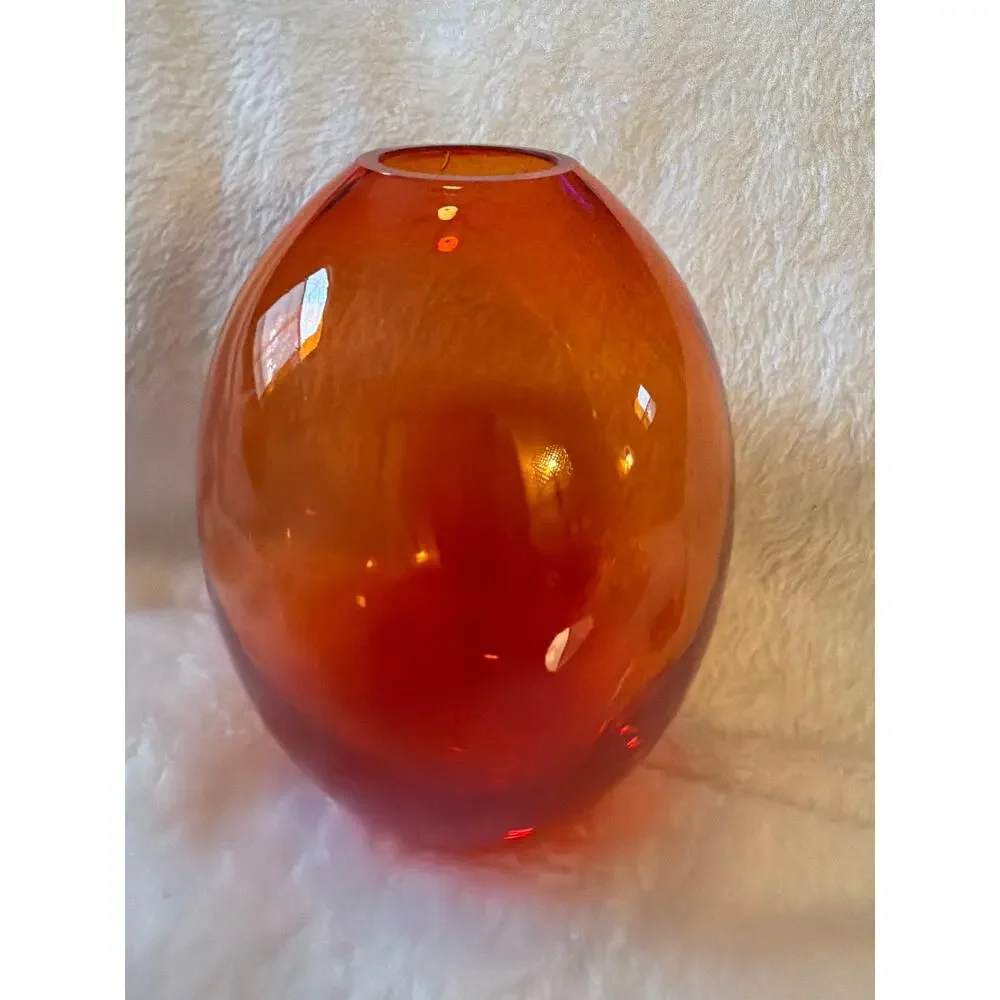 MCM Unsigned Art Glass Amberina Red Orange Ovoid Vase Rounded Heavy 5